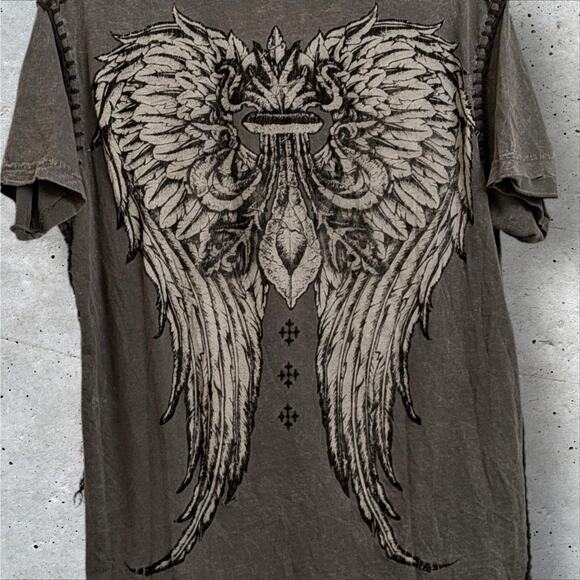 Vintage Affliction RAW STATE Fleur de Lis Wings Gray Shirt Black Stitch Detail M - Picture 4 of 6